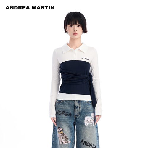 ANDREA MARTIN2026秋季新款撞色拼接翻领收腰女短休闲扭结长袖T恤