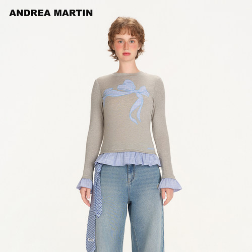 ANDREA MARTIN2026春夏新款蝴蝶结贴布绣假两件拼接修身女长袖T恤