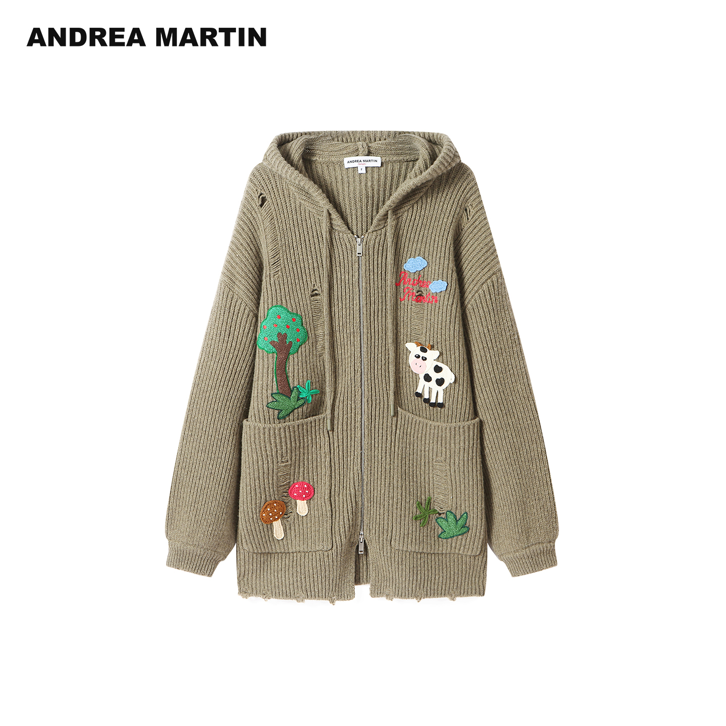 ANDREA MARTIN2025秋冬新款复古童趣连帽破洞针织衫毛衣宽松外套