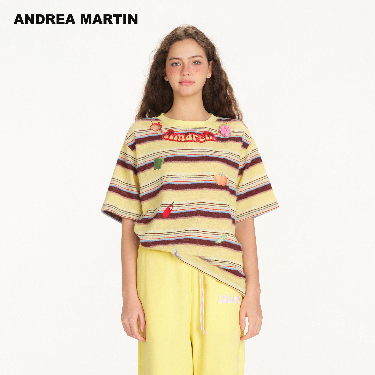 ANDREA MARTIN2026夏季新款条纹立体果蔬钩织印花休闲短袖T恤女