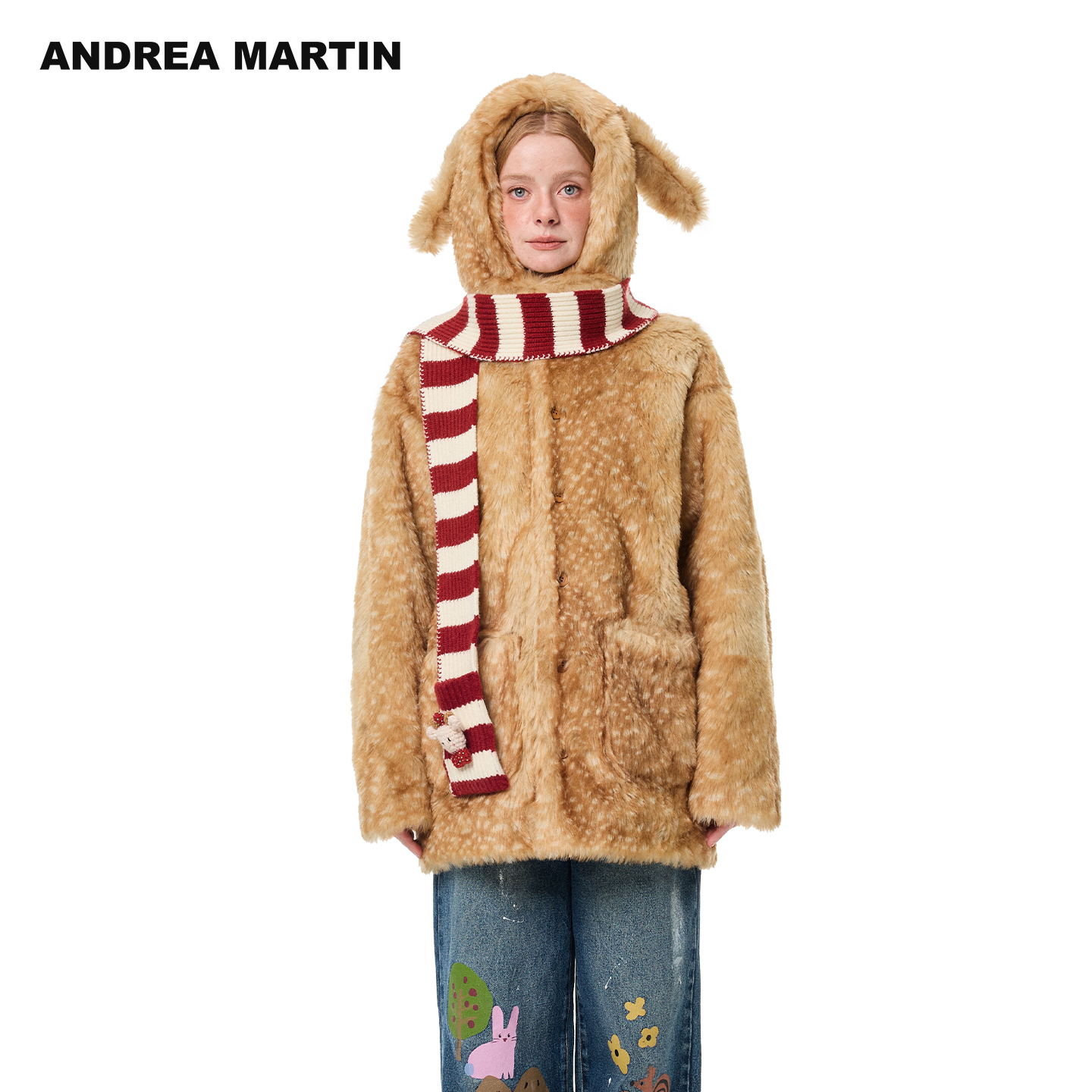 ANDREA MARTIN2025冬新款可爱毛绒感连帽女宽松围巾保暖休闲外套