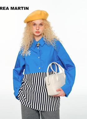 ANDREA MARTIN秋冬新款宝蓝色拼接条纹宽松休闲长袖衬衫