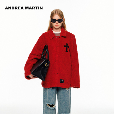 【迪丽热巴明星同款】ANDREAMARTIN冬季新年装摇粒绒刺绣红色外套