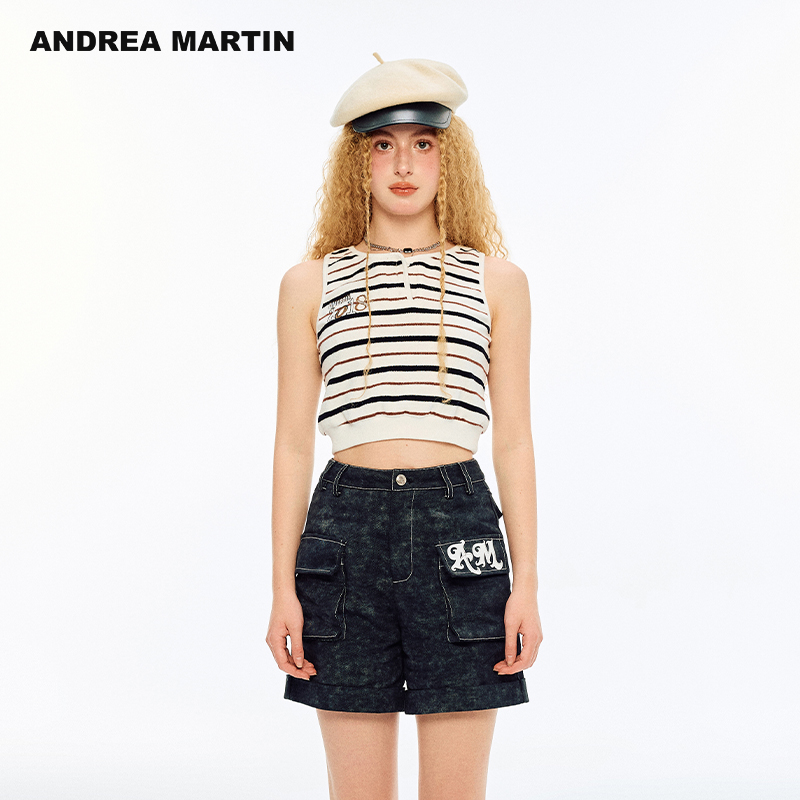 ANDREA MARTIN2025夏季新款条纹针织背心女修身显瘦无袖短款上衣