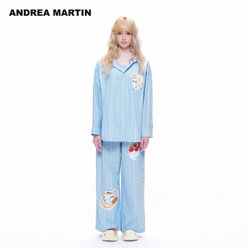 ANDREA MARTIN2026秋季新款趣味蕾丝条纹印花连帽衬衫宽松休闲裤