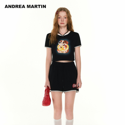 ANDREA MARTIN2025夏季新款短袖T恤女圆领休闲印花修身短款上衣