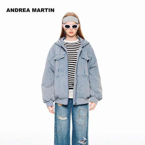 蓝色水洗做旧卫衣羽绒服