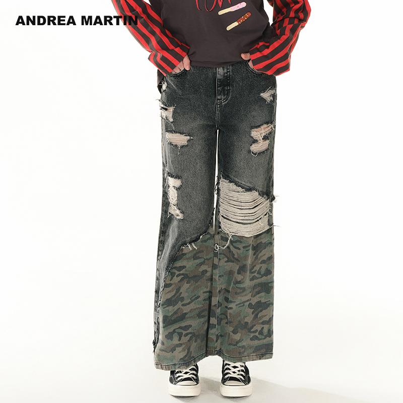 【许魏洲同款】ANDREAMARTIN2025秋冬新款牛仔裤女迷彩直筒长裤