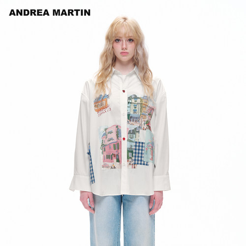 ANDREA MARTIN2026秋季新款趣味印花贴布绣宽松落肩长袖休闲衬衫