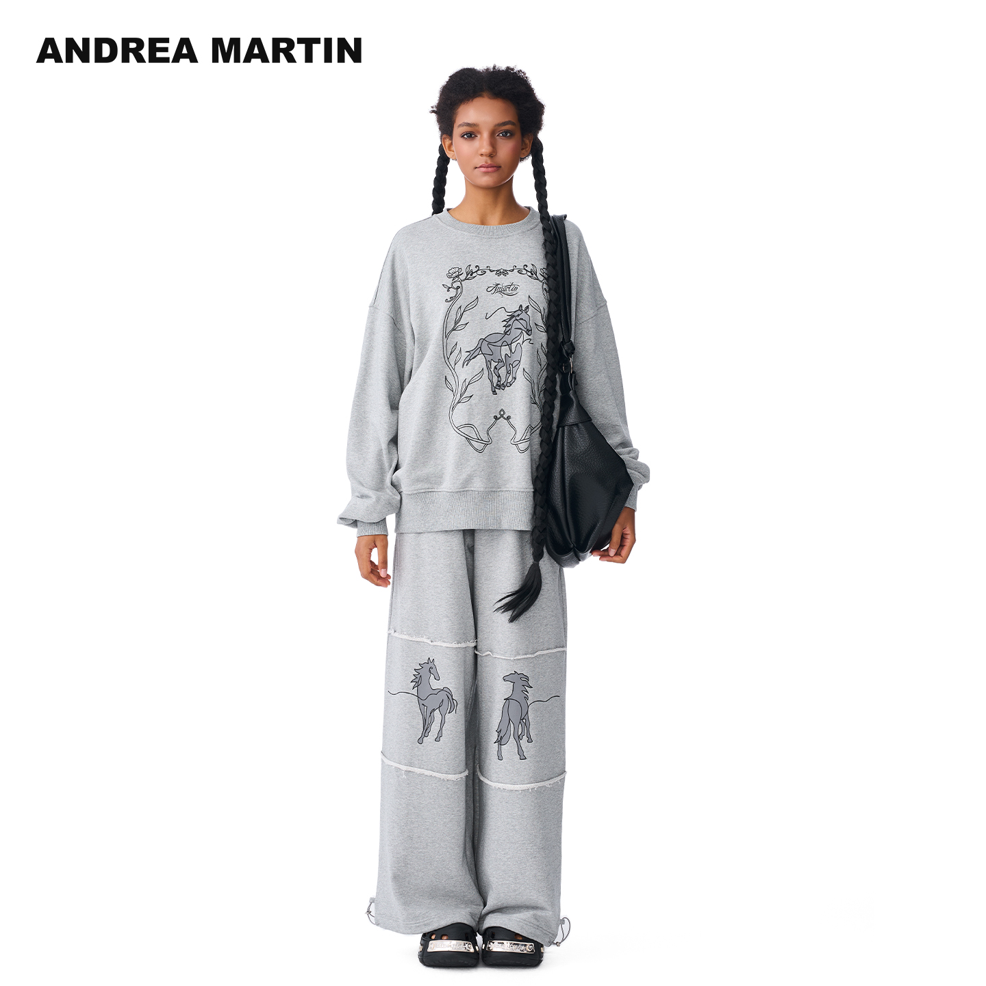 ANDREA MARTIN2025秋冬新品小马印花卫衣毛边阔腿裤休闲运动套装