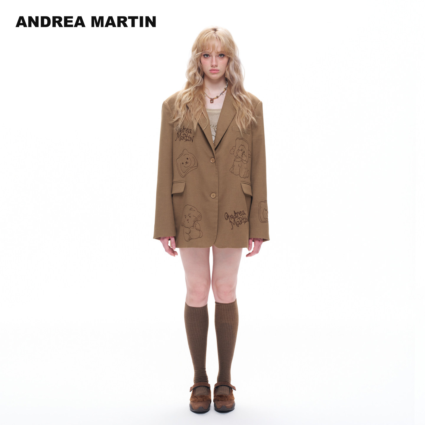 ANDREA MARTIN2026秋新款棕色手绘小狗刺绣涂鸦宽松休闲西装外套