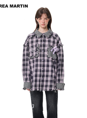 【王昀楷同款】ANDREA MARTIN秋冬新品格纹钩织玩偶毛边长袖衬衫
