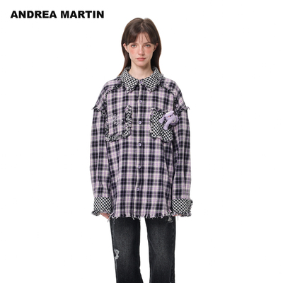 【王昀楷同款】ANDREA MARTIN秋冬新品格纹钩织玩偶毛边长袖衬衫