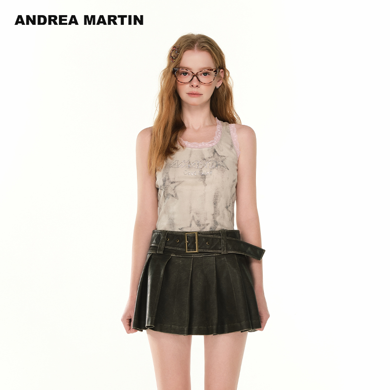 ANDREA MARTIN2025夏季新款吊带背心女显瘦短款印花烫钻花边上衣