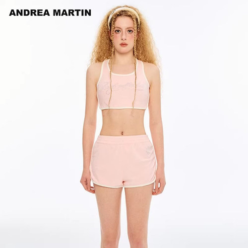 ANDREA MARTIN2026夏季新款毛巾布水钻logo女短运动背心休闲短裤