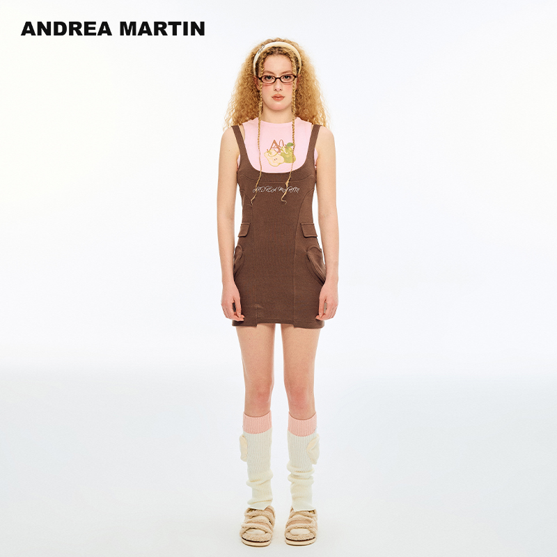 ANDREA MARTIN2025夏季新款吊带连衣裙女刺绣背心工装包臀裙