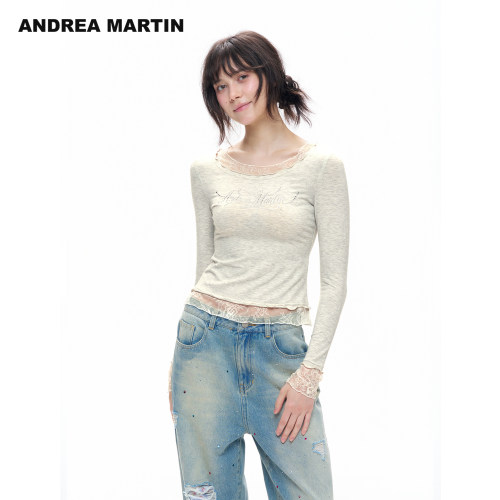 ANDREA MARTIN2026秋季新款假两件蕾丝拼接烫钻字母女修身长袖T恤