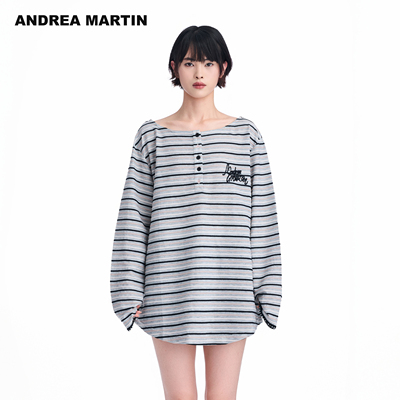 ANDREA MARTIN秋季新款T恤女插肩长袖条纹撞色字母刺绣宽松上衣