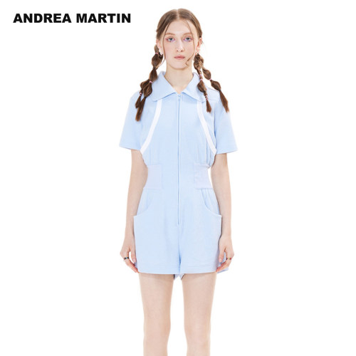 ANDREA MARTIN2026夏季新款华夫格修身宽松休闲女短袖收腰连体裤