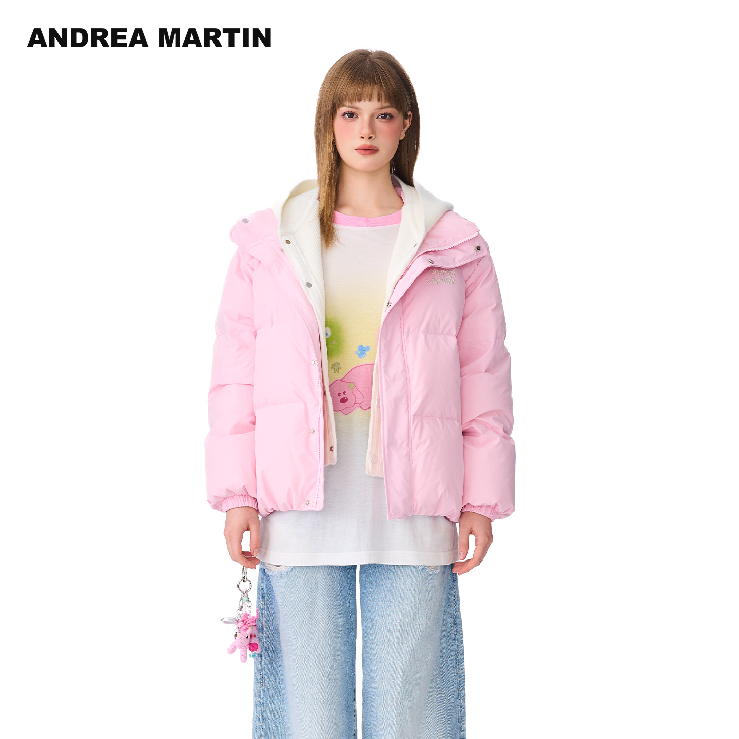 ANDREA MARTIN2025秋冬新品可拆卸针织帽短款保暖羽绒面包服外套