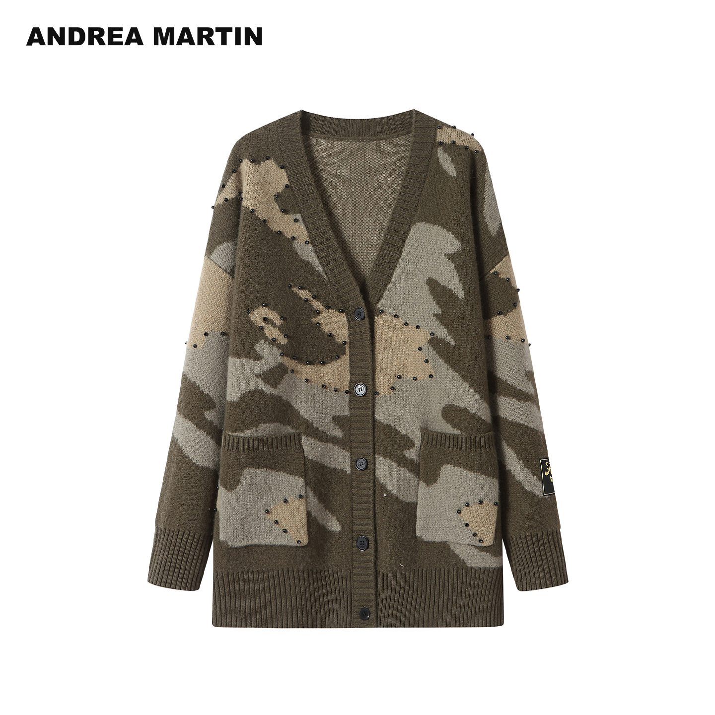 ANDREA MARTIN2025秋冬新款复古迷彩V领针织开衫宽松女慵懒风毛衣