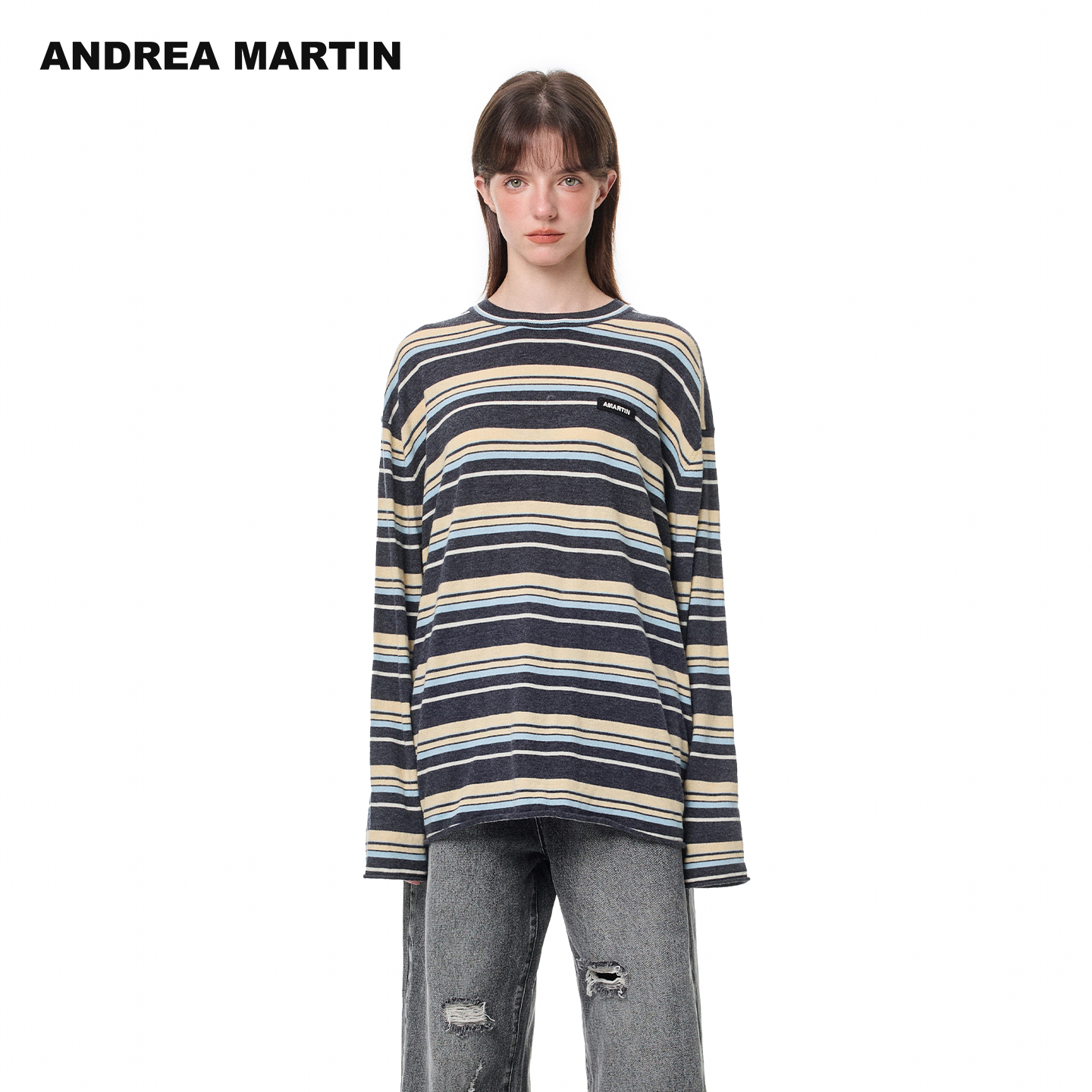 【鞠婧祎同款】ANDREA MARTIN 25秋冬新款条纹毛针织衫女休闲百搭