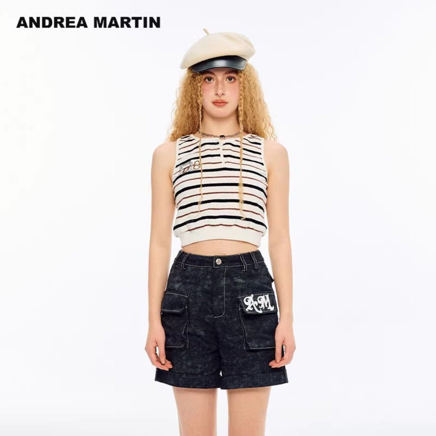 ANDREA MARTIN2026夏季新款毛巾布条纹针织修身无袖女短运动背心