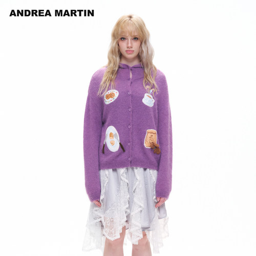 ANDREA MARTIN2026秋新款马海毛连帽针织开衫女宽松贴布刺绣毛衣