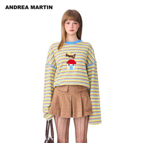 ANDREA MARTIN冬季新款趣味立体钩花条纹长袖T恤宽松休闲上衣