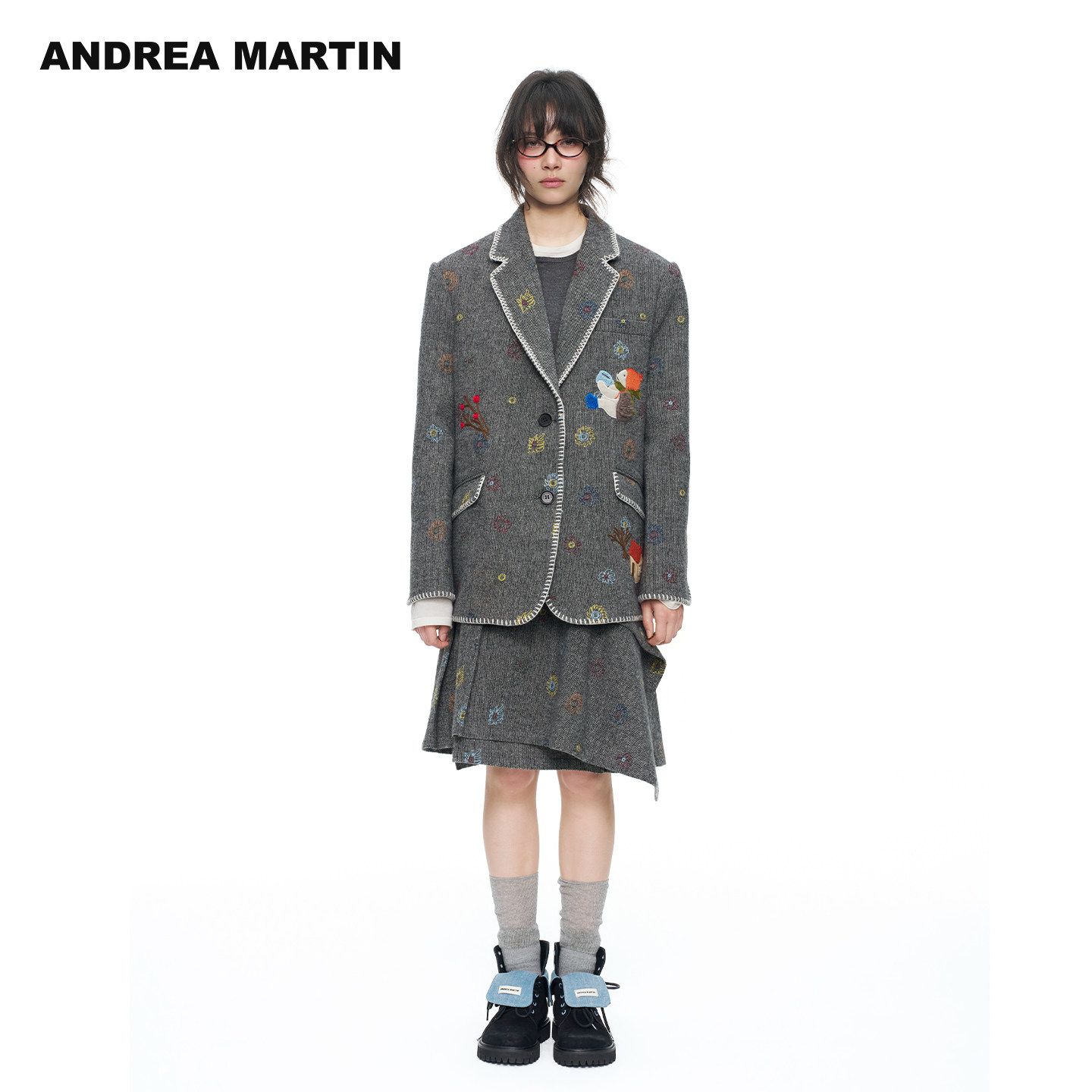 ANDREAMARTIN2026秋冬新款灰色粗花呢立体贴布绣宽松休闲西装外套