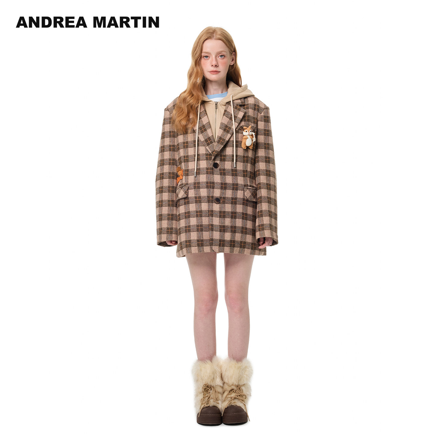 ANDREA MARTIN秋冬新款假两件格子连帽休闲西装保暖棉服外套