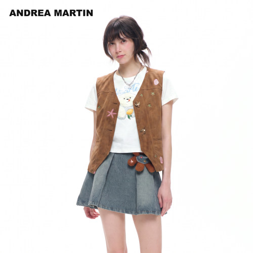 严选ANDREA MARTIN2026秋新款复古海洋刺绣仿麂皮V领宽松坎肩马甲