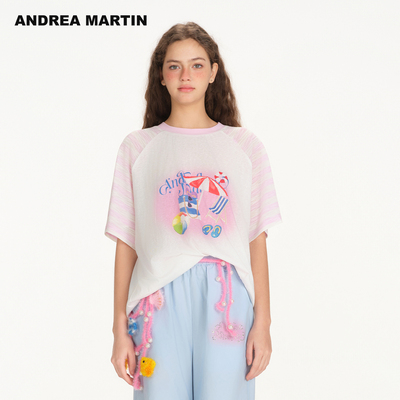 ANDREA MARTIN26夏季新品趣味印花拼接撞色插肩短袖宽松休闲T恤女