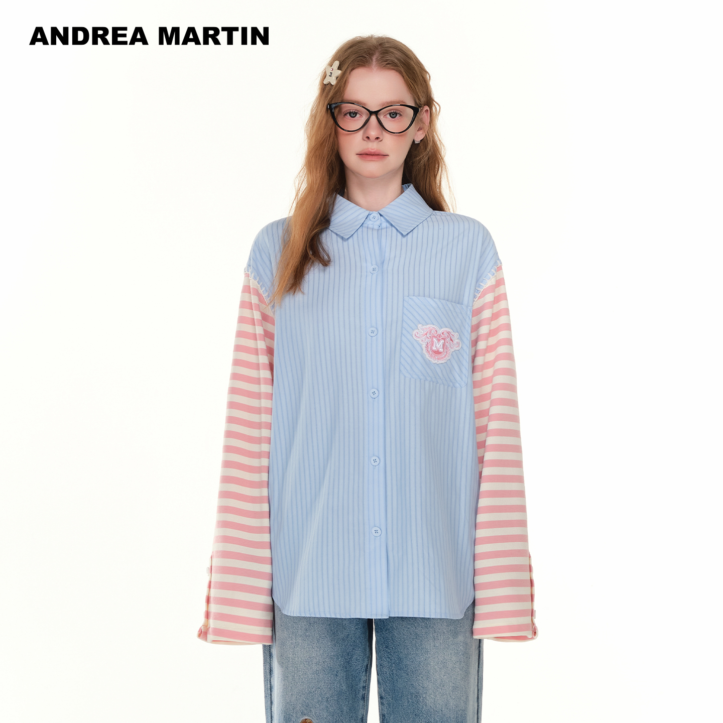 【管栎同款】ANDREA MARTIN2025秋季新款衬衫女拼接长袖条纹上衣