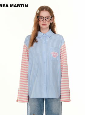 【管栎同款】ANDREA MARTIN秋季新款衬衫女拼接长袖条纹上衣