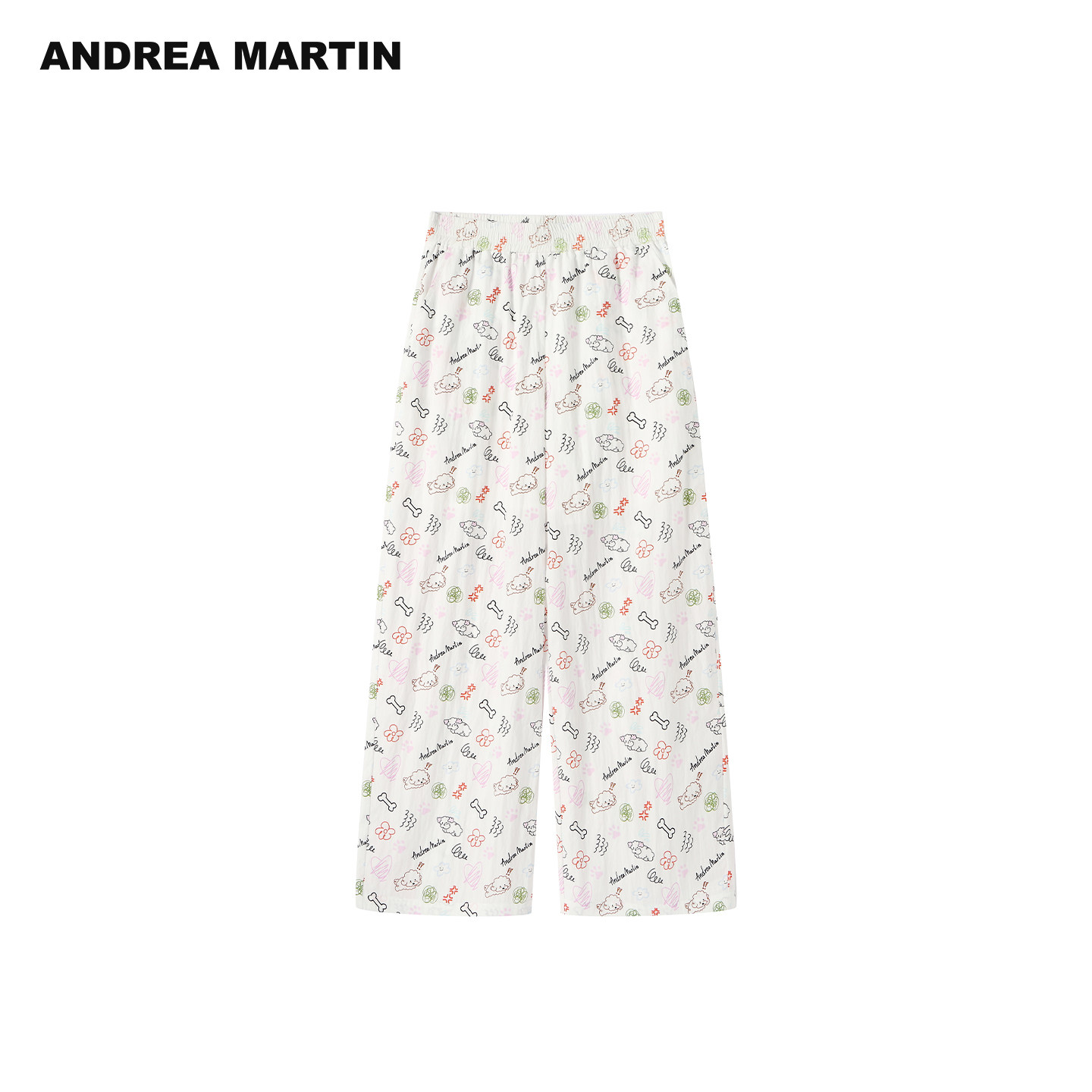 ANDREA MARTIN2026春夏新款白色可爱满印涂鸦休闲宽松阔腿裤女