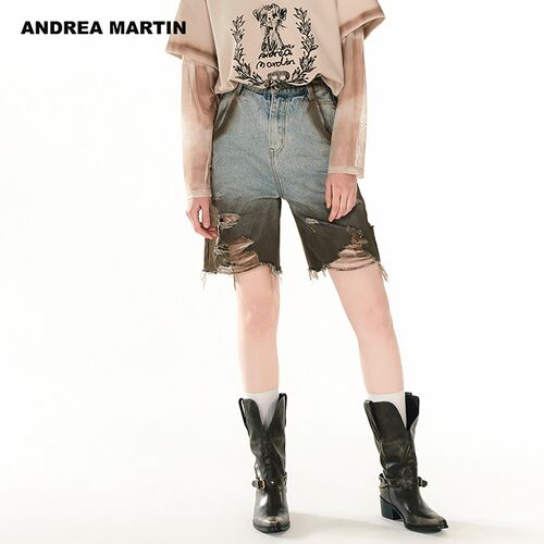 ANDREA MARTIN2026夏新款复古破洞高腰渐变直筒女休闲牛仔五分裤