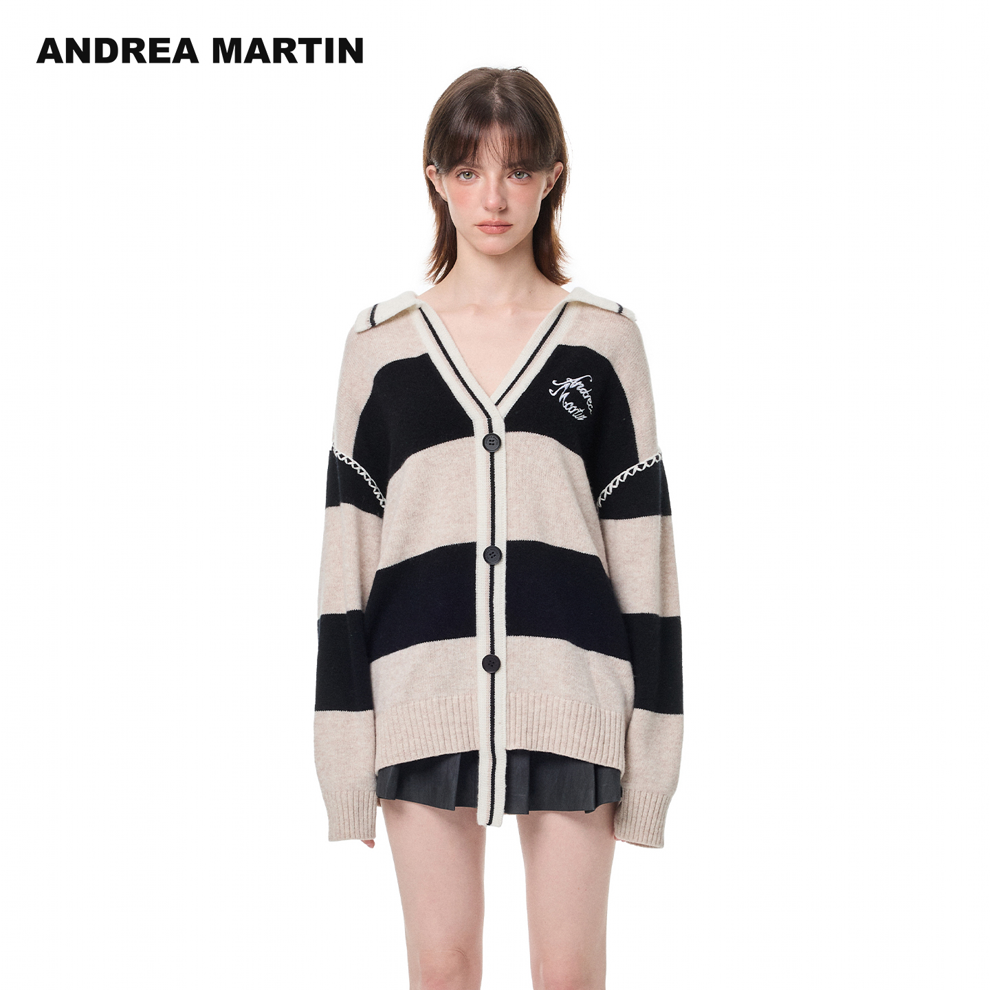 ANDREA MARTIN2025秋冬新款条纹polo领刺绣针织开衫女宽松毛衣