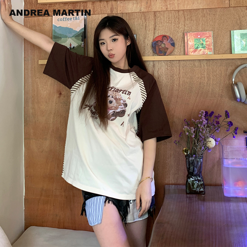 ANDREA MARTIN2025夏季新款撞色短袖T恤女宽松拼接印花纯棉上衣