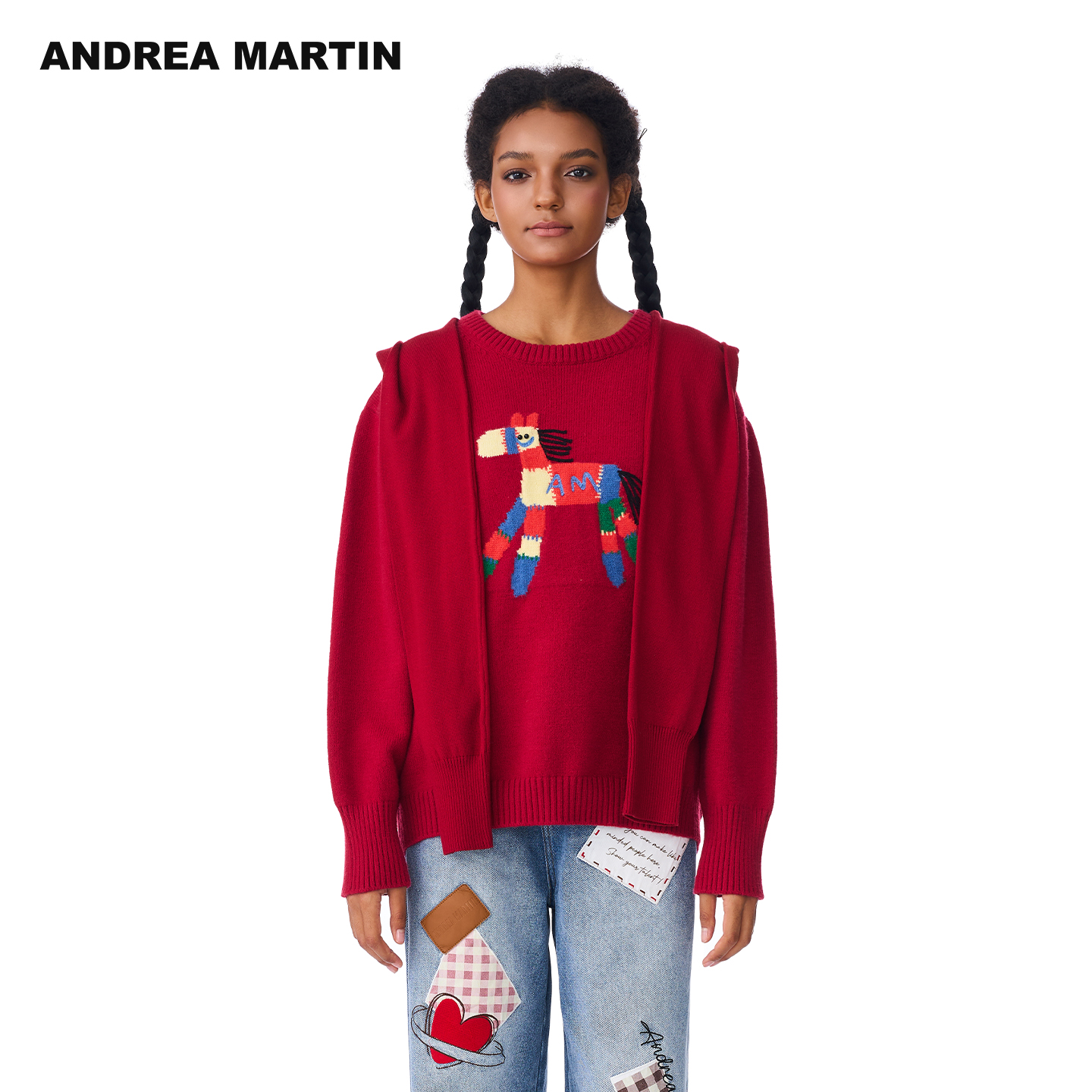 ANDREA MARTIN2025冬季新款卡通彩色小马披肩帽毛衣女宽松针织衫
