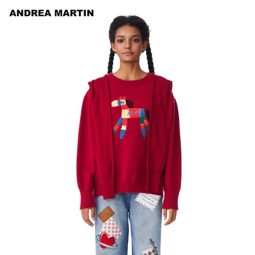 ANDREA MARTIN冬季新款卡通彩色小马披肩帽毛衣女宽松针织衫