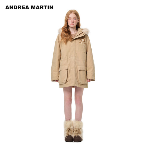 ANDREA MARTIN秋冬新款钩织狮子连帽毛领工装中长保暖棉服外套