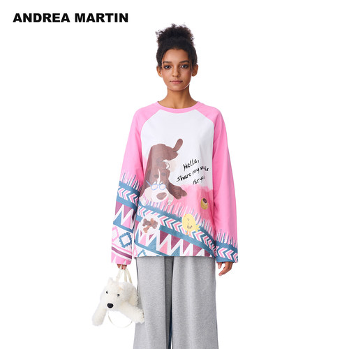 ANDREA MARTIN秋冬新款拼接印花插肩长袖T恤女宽松休闲打底衫