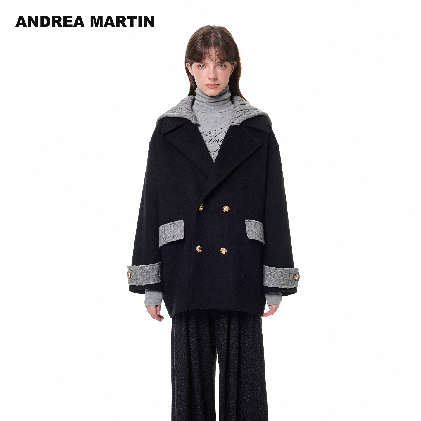 ANDREA MARTIN2025秋冬新品拼接针织披肩双面呢大衣女宽松外套