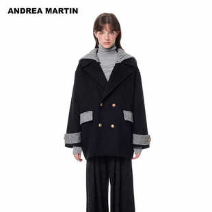 拼接针织披肩双面羊毛呢大衣女宽松外套 25秋冬新品 ANDREA MARTIN