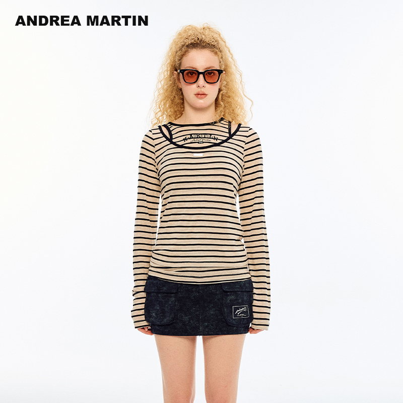 ANDREA MARTIN2025夏季新款时尚套装女条纹T恤女宽松休闲百搭上衣