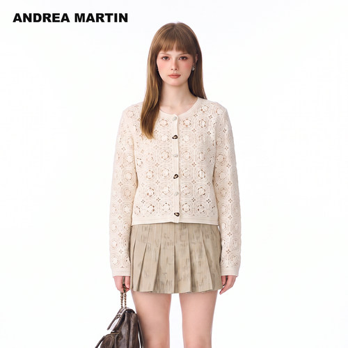 严选ANDREA MARTIN2026秋季新款羊毛镂空钩花女短长袖毛针织开衫