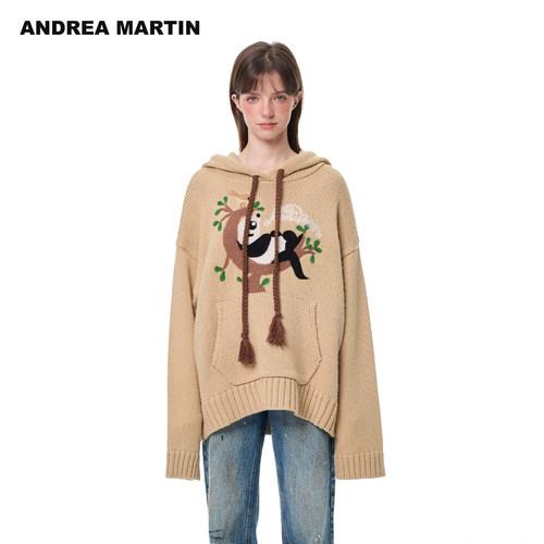 ANDREA MARTIN秋冬新款趣味卡通连帽毛衣女宽松休闲针织外套