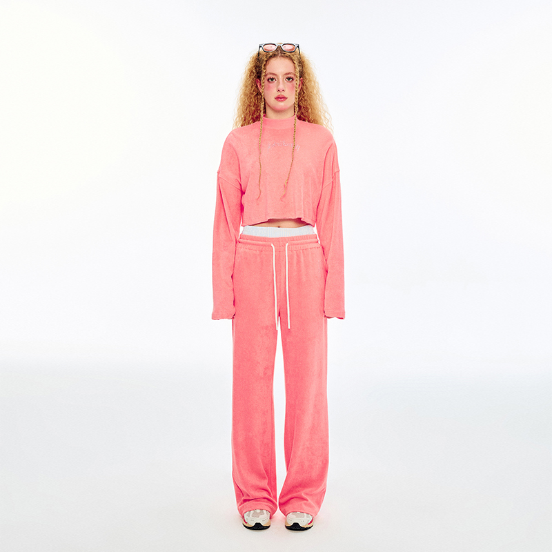 粉色水钻logo长袖短上衣