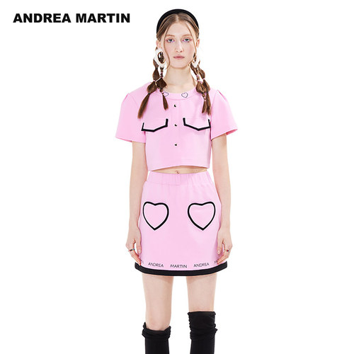 ANDREA MARTIN2026夏季新款粉色撞色爱心短袖T恤休闲短裙甜美套装